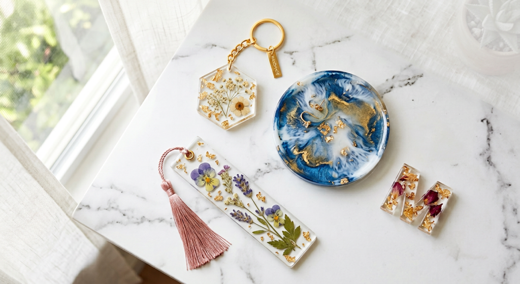 A clean flat-lay of small handmade resin gift items — a resin keychain with a gold ring, a resin bookmark with pressed flowers and a tassel, a small round resin trinket dish, and a personalized resin initial charm — on white marble near a window.