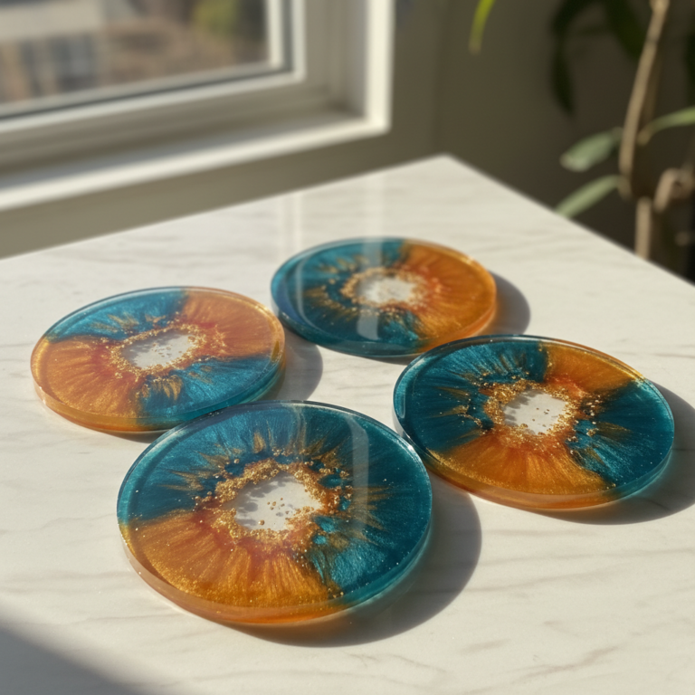 A set of four round, handcrafted resin coasters arranged on a white marble surface near a window, with a radiating blend of deep teal blue, warm orange-gold, and translucent sections accented with shimmering gold flecks.