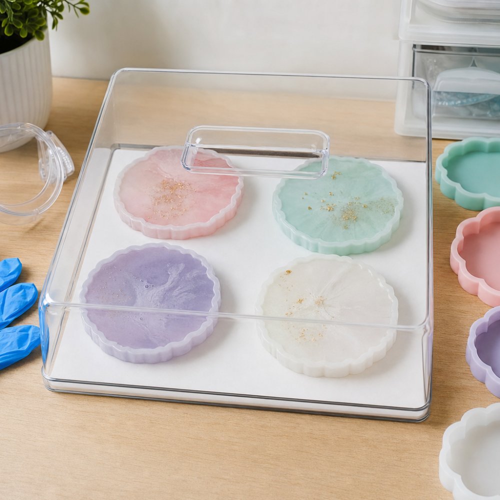 Beginner epoxy resin safety workspace with gloves, goggles, and curing coasters