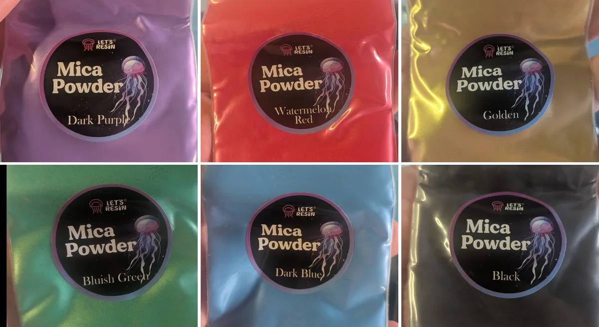 Six bags of Let’s Resin mica powder: dark purple, watermelon red, golden, bluish green, dark blue and black
