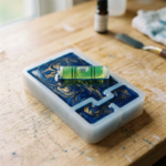A small bubble spirit level resting on a filled navy-and-gold resin phone stand silicone mold on a workbench, checking it is level before curing.