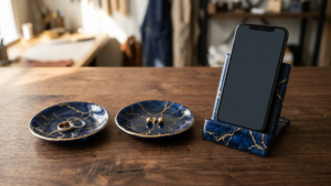 Handmade epoxy resin trinket dishes in navy blue with gold vein marbling holding rings and gold stud earrings, beside a matching navy-and-gold marble resin phone stand holding a smartphone on a dark wood desk in a maker's workshop.