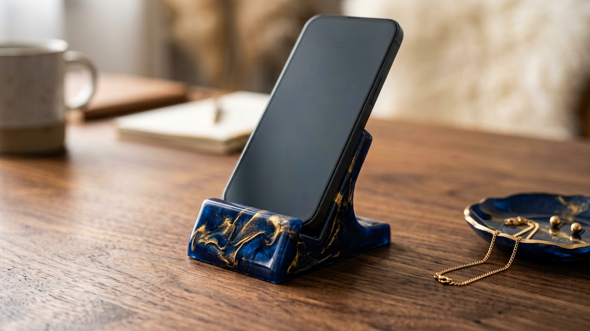 Close-up of a handmade navy blue and gold swirl epoxy resin phone stand holding a smartphone on a desk, with a matching navy resin trinket dish and gold chain necklace nearby.