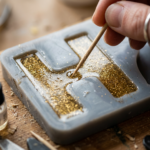A toothpick popping tiny air bubbles in a gold-glitter-filled letter-shaped silicone mold cavity.