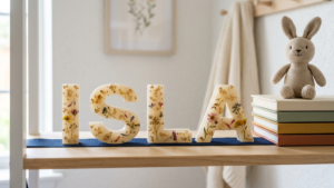 Freestanding personalised epoxy resin letters spelling ISLA, cast in ivory resin with dried pressed flowers and gold leaf flakes, standing on a wooden shelf beside a stack of children's books and a knitted bunny toy.