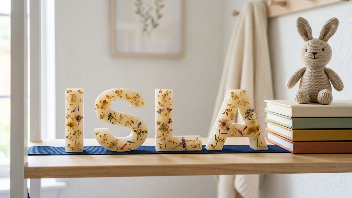 Freestanding personalised epoxy resin letters spelling ISLA, cast in ivory resin with dried pressed flowers and gold leaf flakes, standing on a wooden shelf beside a stack of children's books and a knitted bunny toy.