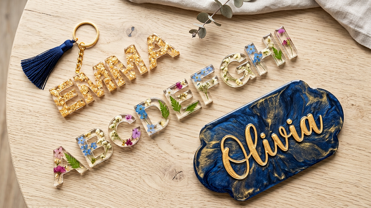 Flat lay of handmade personalised resin name pieces on a light wooden table: a gold-flecked resin keychain spelling EMMA with a navy tassel, resin alphabet letters with pressed flowers, and a navy-and-gold marble resin name plaque reading Olivia in gold script.