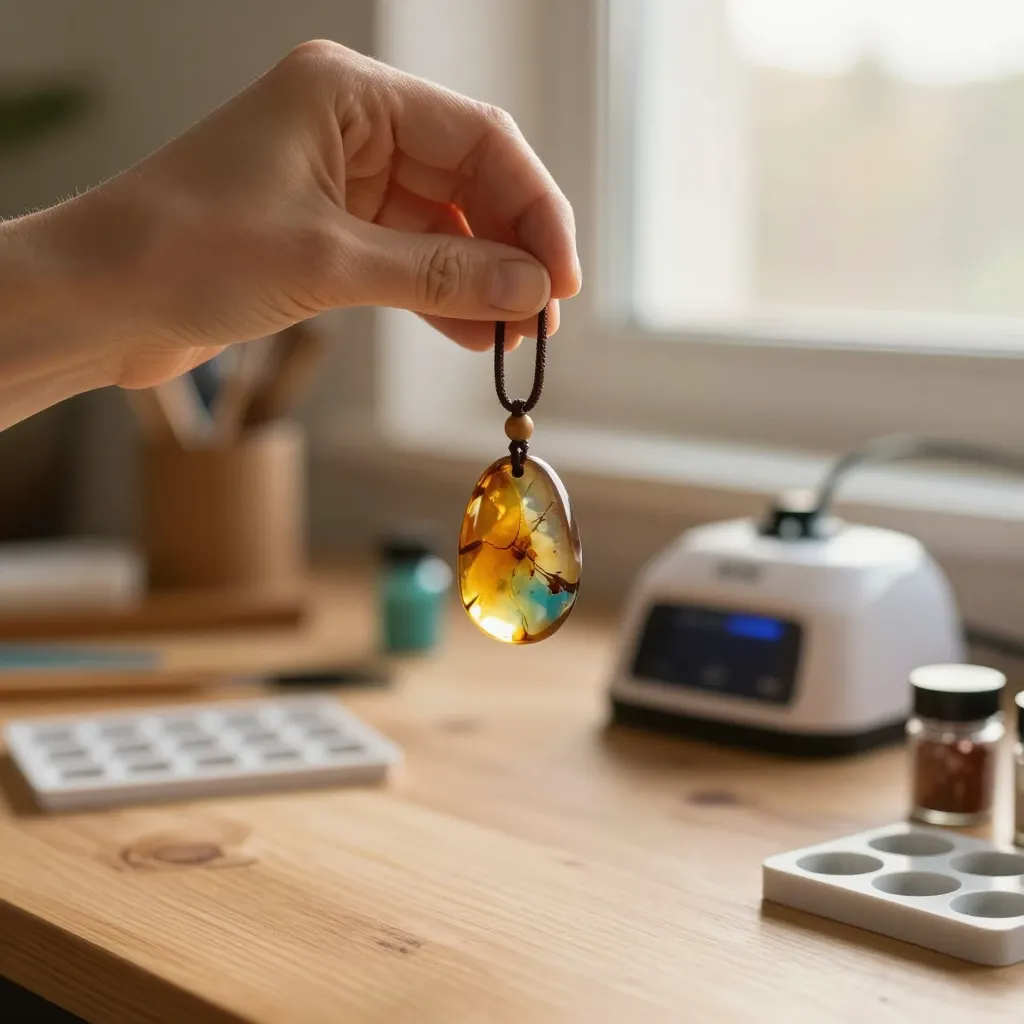 A hand holding a finished amber resin pendant necklace up to soft window light on a craft table with a UV lamp, molds, and mica powder jars in the background