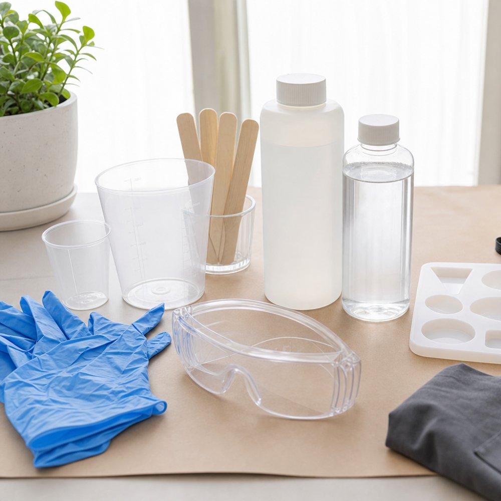 Resin PPE flatlay with nitrile gloves, goggles, respirator mask, and mixing supplies