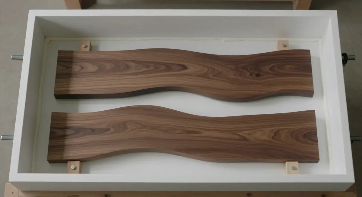 A white melamine pour form with siliconed seams holding two walnut live-edge slabs clamped down, with an empty gap between them ready for the river pour.