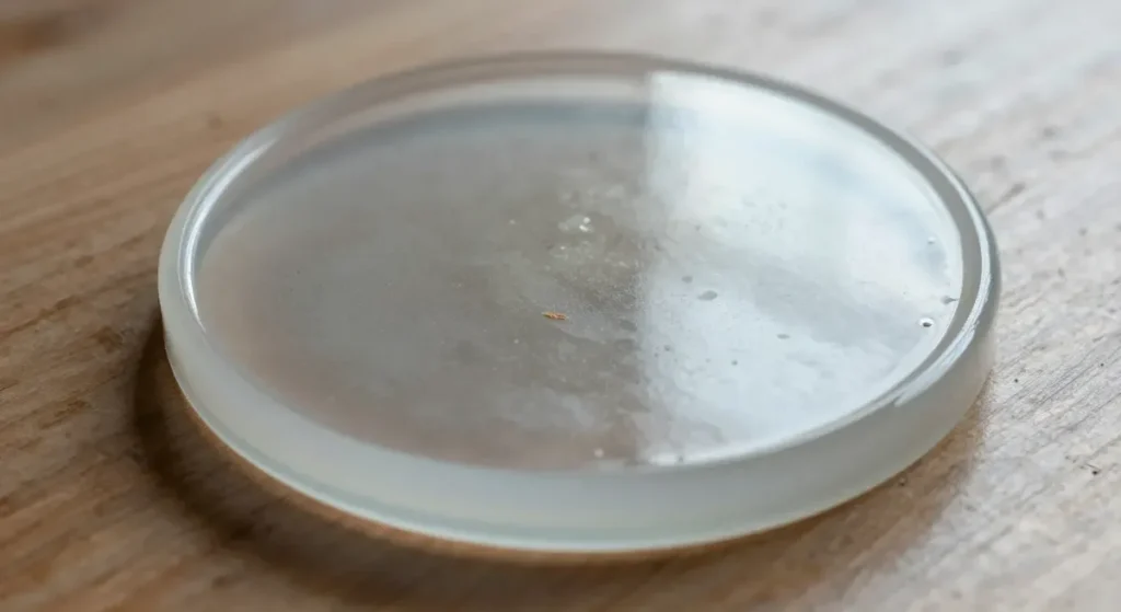 A clear resin coaster with a dull, hazy, tacky top surface with dust stuck to it, next to a still-glossy section