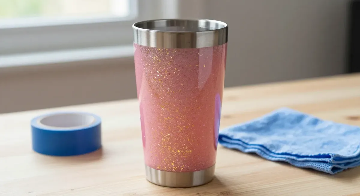 A pink and gold glitter tumbler sealed under glossy clear resin, with bare stainless steel left uncoated at the drinking rim and base, beside a roll of painter's tape.