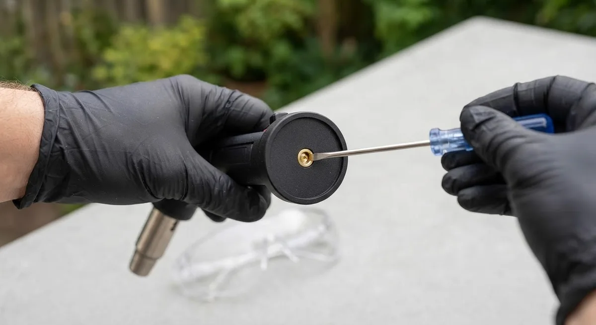Illustration of two gloved hands bleeding a butane torch outdoors, with the tip of a small screwdriver on the brass fill valve in the torch base