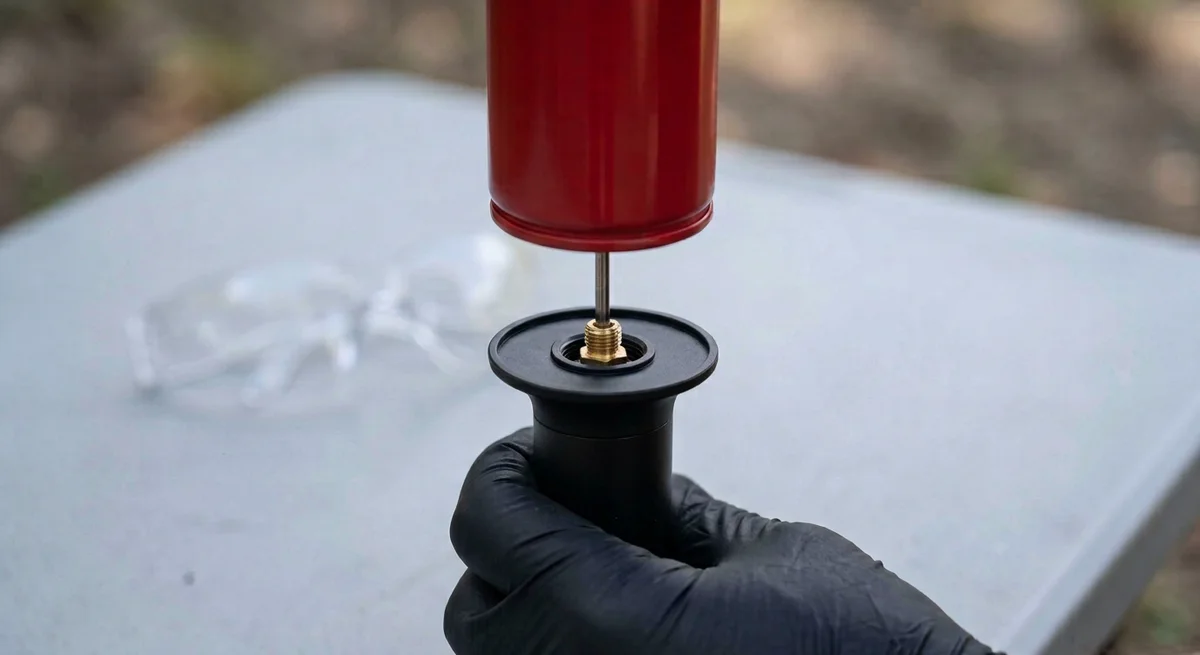 Illustration of a gloved hand holding a butane torch upside down while a red butane canister is pressed straight down onto the brass fill valve in its base