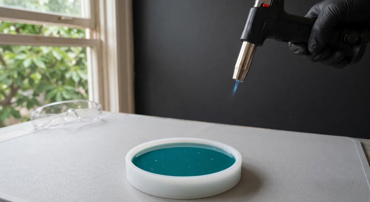 Illustration of a gloved hand holding a lit butane torch with a short blue flame well above a round mold of teal resin, with an open window and safety glasses nearby