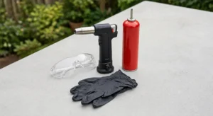 Illustration of a butane torch refill kit on an outdoor bench: a black butane torch, a red butane refill canister, clear safety glasses and black nitrile gloves