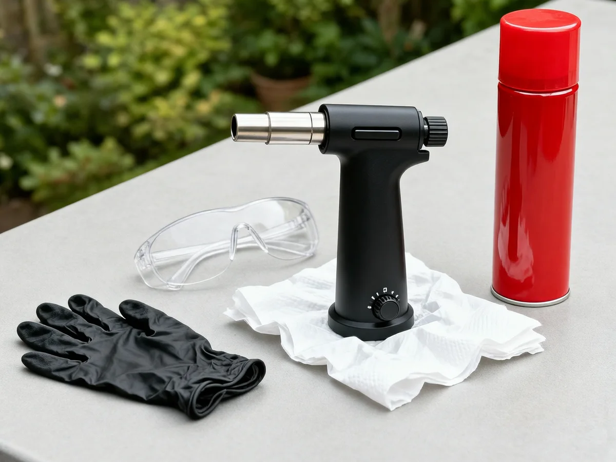 Illustration of a refilled butane torch standing upright on a paper towel on an outdoor bench, with the capped red butane canister set apart, safety glasses and a black nitrile glove