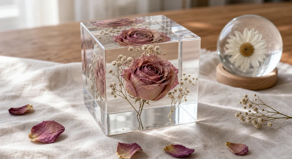Clear epoxy resin cube with a dried pink rose and baby’s breath sprigs cast inside, on a linen cloth beside a resin sphere holding a dried daisy
