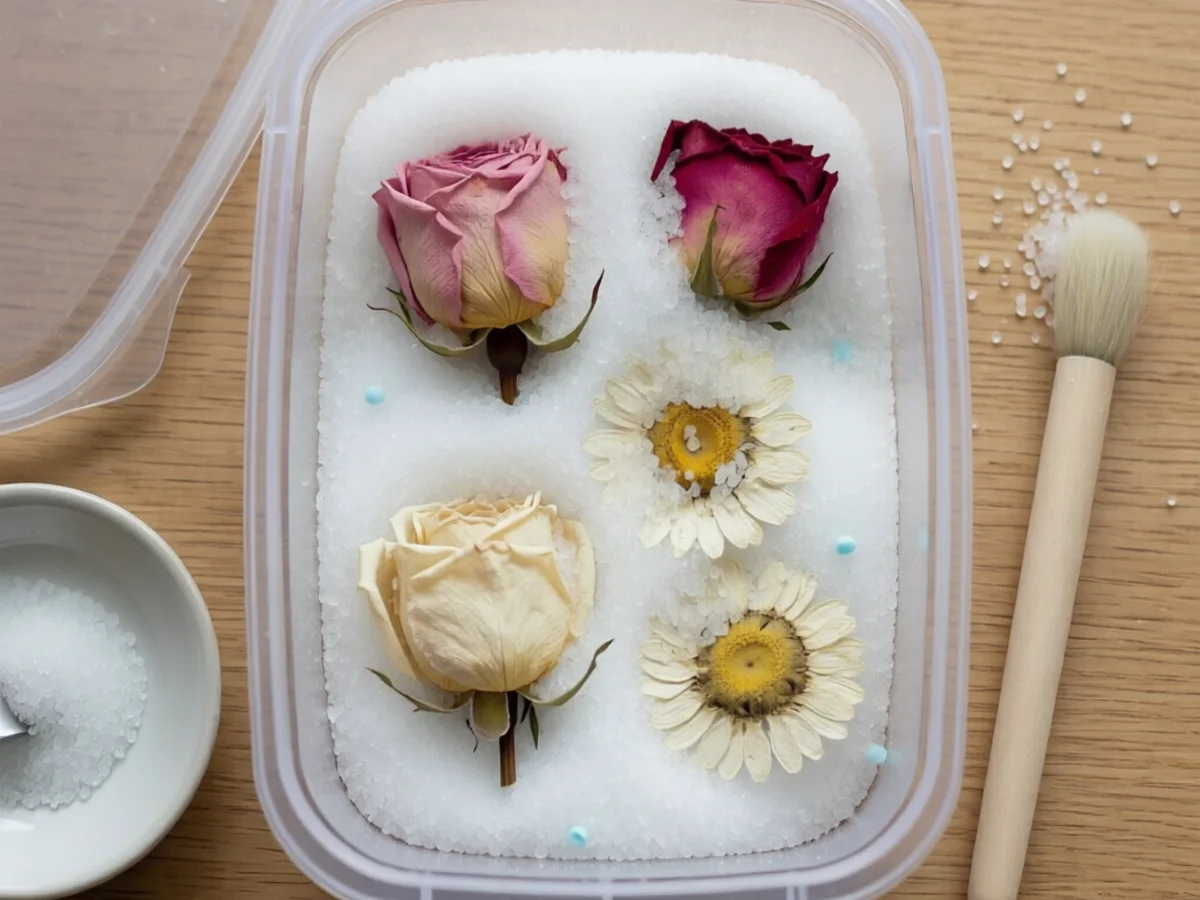 Top-down view of three dried roses and two daisies nestled in white silica gel crystals in a clear plastic container, with a soft brush beside it