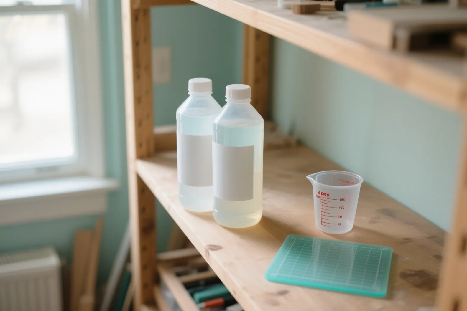 Two sealed bottles of epoxy resin and hardener on a wooden craft-room shelf beside a measuring cup and a silicone mat