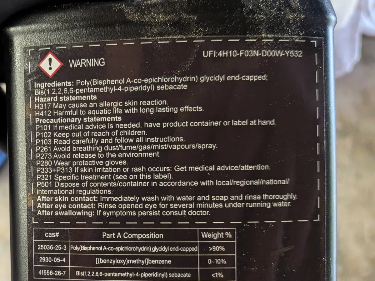 Back label of Let’s Resin epoxy Part A showing a WARNING signal word and hazard statements, with no food-contact claim