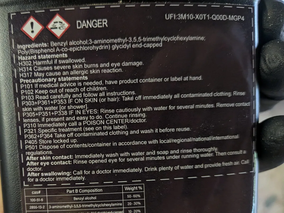 Back label of Let’s Resin hardener Part B showing a DANGER signal word, a corrosion symbol and the statement causes severe skin burns and eye damage