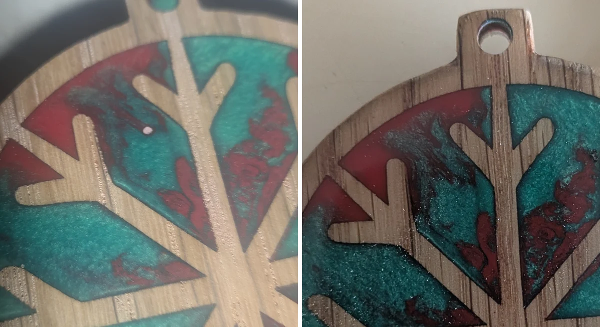 Left: a pinhole packed with sanding dust in teal resin. Right: the surface after a clear coat