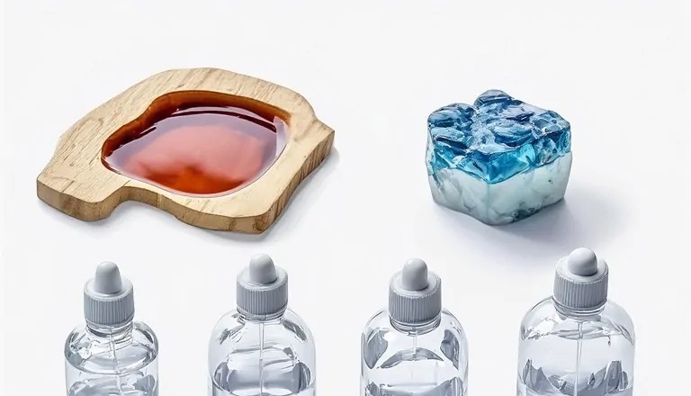 Four clear dropper bottles of resin with a wood and resin tray and a blue resin block